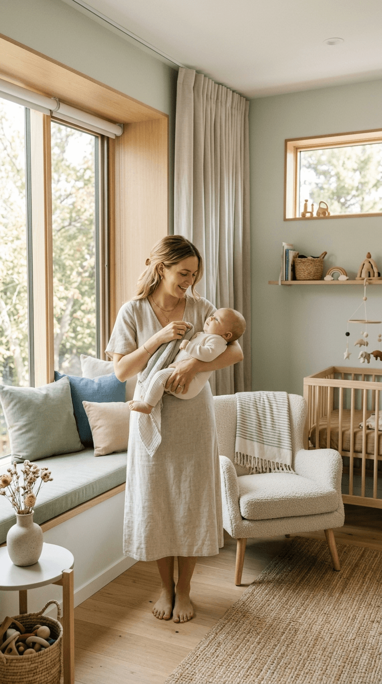 Soft nursery with blackout blind installed on window